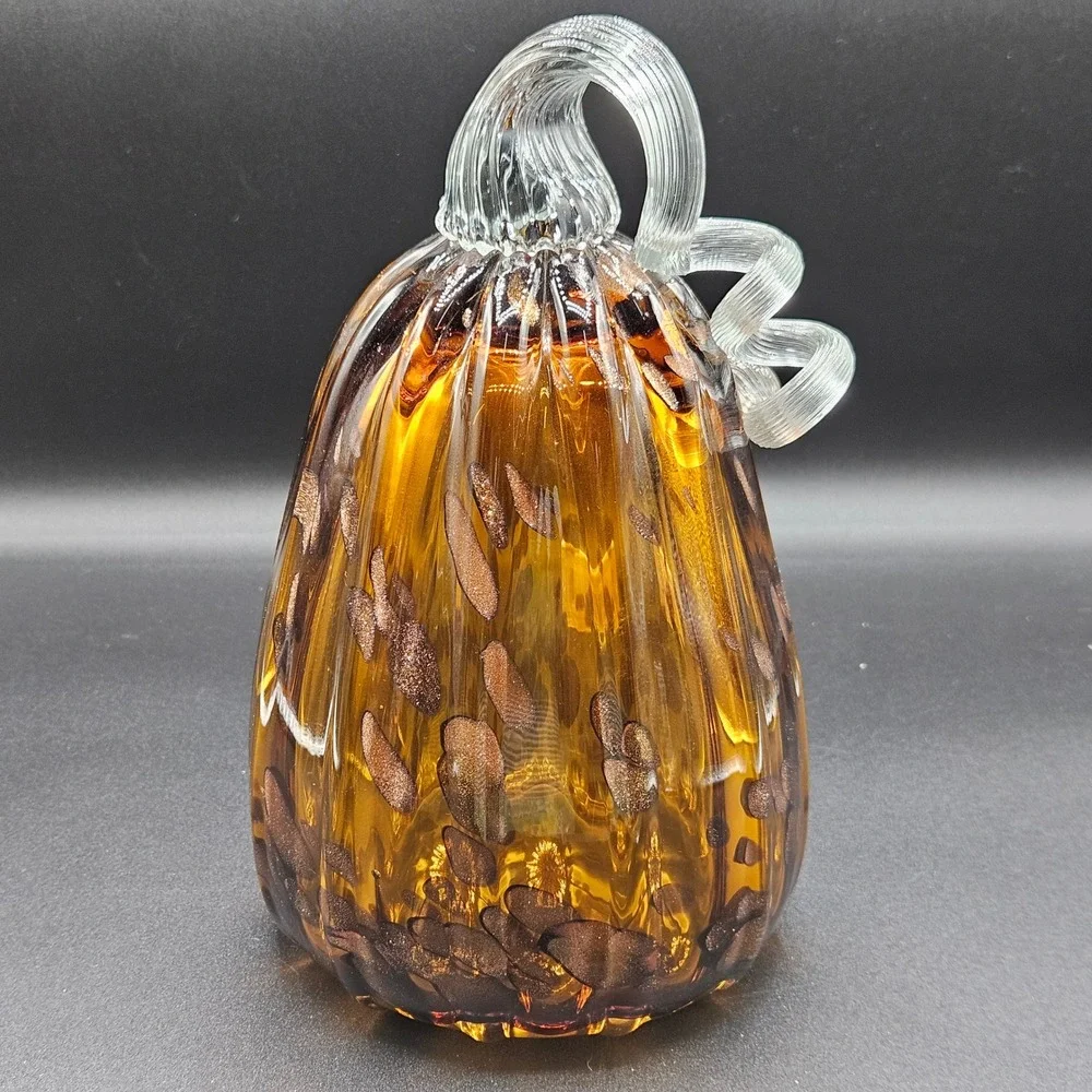 Amber Glass Pumpkin Gourd Copper Aventurine Flecks Hand Blown Fall Decor 9.5